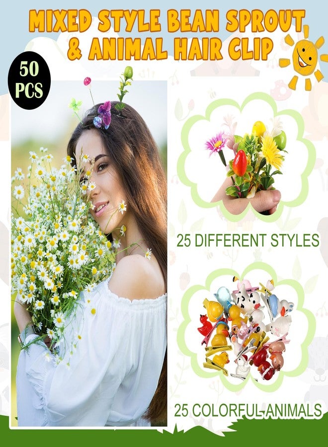 Solsew 50 Pcs Funny Bean Sprout & Duck Hair Clips Set, Rave Mixed Styles Multi-color Hair Clips, Novelty Plant and Animal Hairpins for Women Girls Music Festivals Beach Party Irish Home Christmas - Image 2